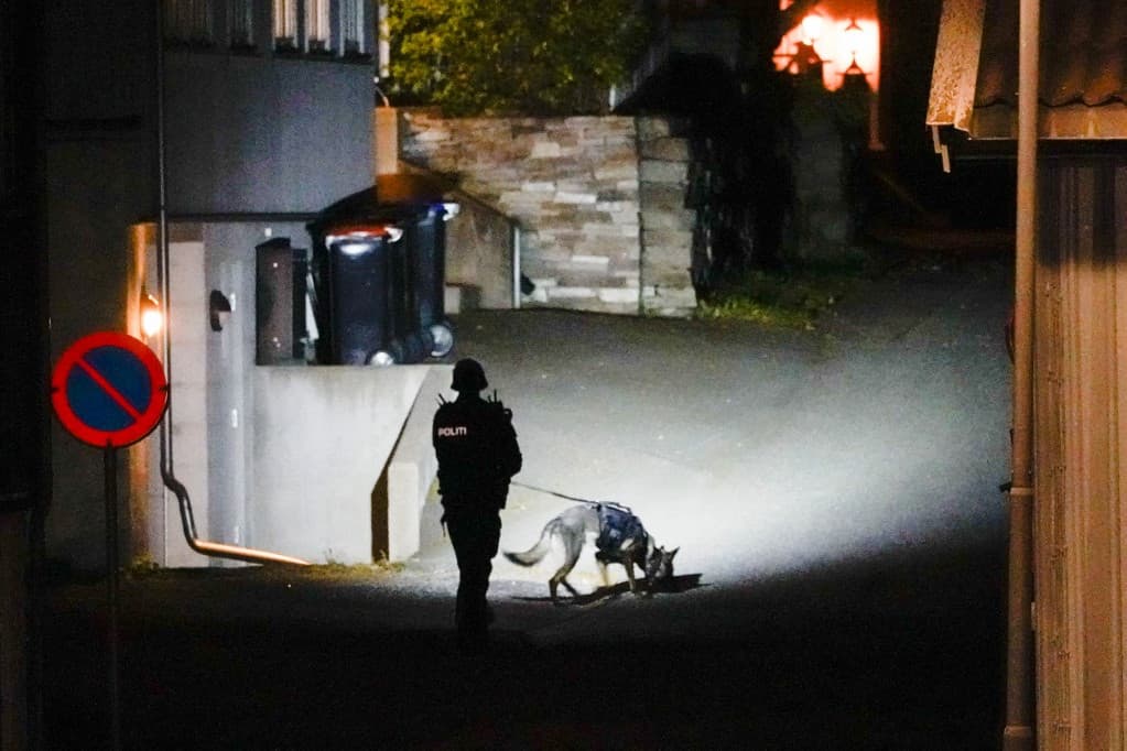Rendőrök helyszínelnek az íjjal történt támadás dél-norvégiai Kongsberg kisvárosában