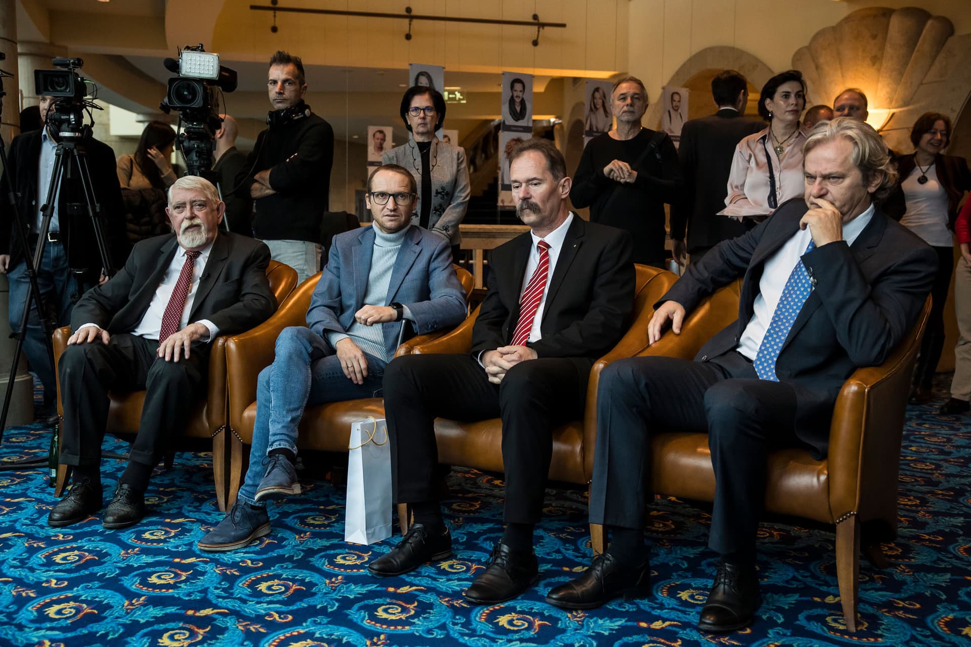Kásler Miklós, Demeter Szilárd, Szamosvölgyi Péter, Rátóti Zoltán a magyar nyelv napja alkalmából rendezett díjátadó ünnepségen a Magyar Nemzeti Színházban